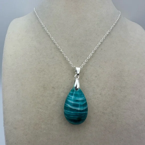 Zebra Amazonite Teardrop Pendant on Silver Plated Box Chain - Picture 5 of 7